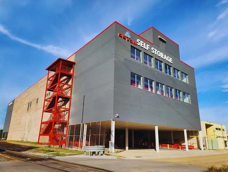 Devon Self Storage building exterior with exterior staircase and modern facility design