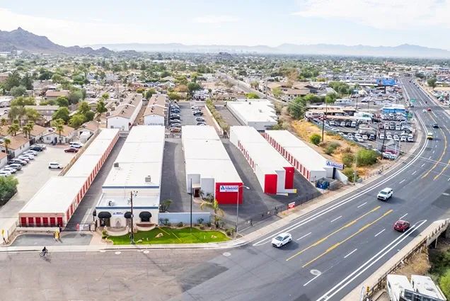 Aerial view of Devon Self Storage facility on corner lot with high-traffic road access