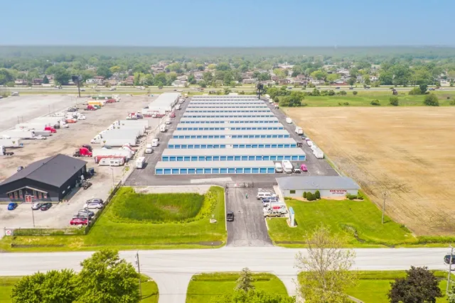 Aerial view of Devon Self Storage facility with multiple rows of drive-up units