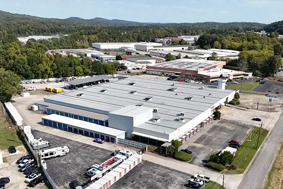 Aerial view of large Devon Self Storage facility with indoor units and outdoor vehicle storage areas
