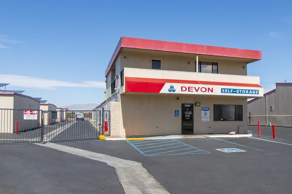 Devon Self Storage office building with gated entry and customer parking