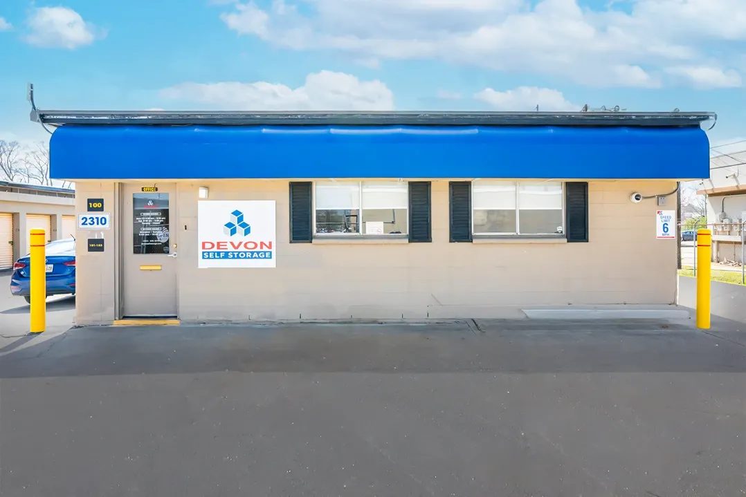 Devon Self Storage office exterior with gated entry and secure access to drive-up units