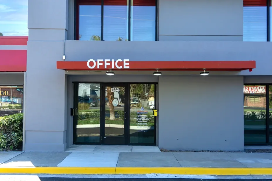 Self storage office entrance with on-site management and customer service