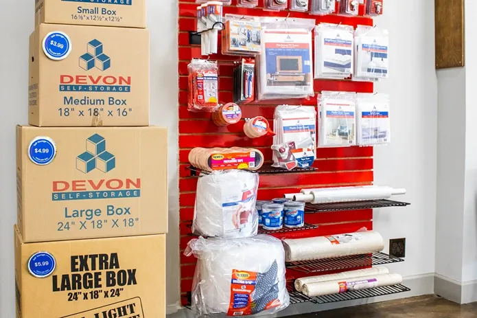 Moving supplies and packing materials available for purchase inside storage office