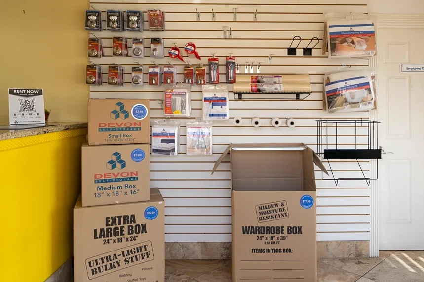 Moving supplies and packing materials available inside storage office