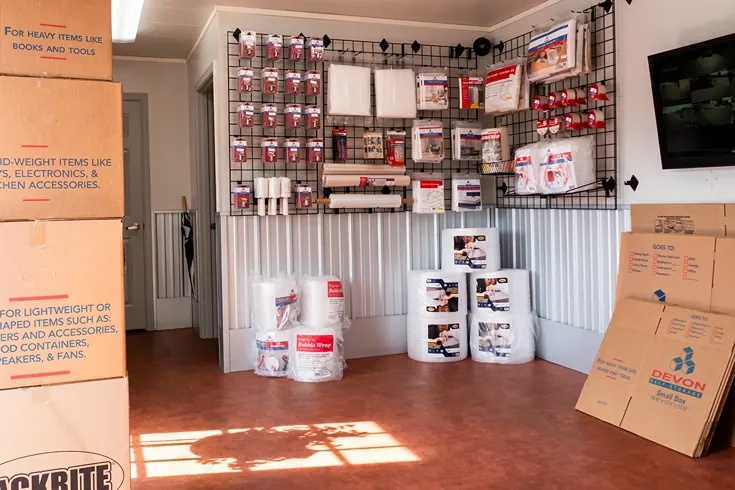 Moving supplies and packing materials available inside storage office
