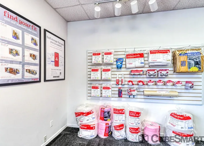 Packing supplies and moving boxes available for purchase inside storage office