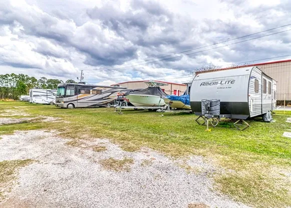 Outdoor RV and boat storage parking at self storage facility