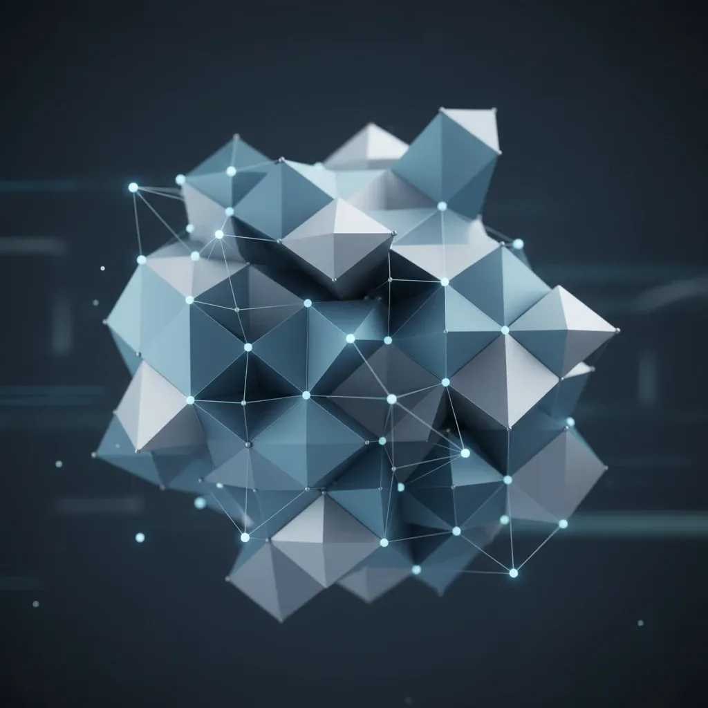 Abstract steel blue and silver geometric shapes with glowing nodes represent a secure digital storage network.