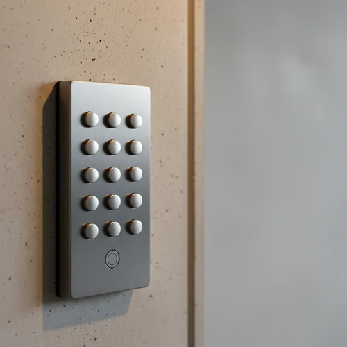 A sleek brushed-metal electronic keypad mounted on a concrete wall with warm lighting highlighting the modern security lock.