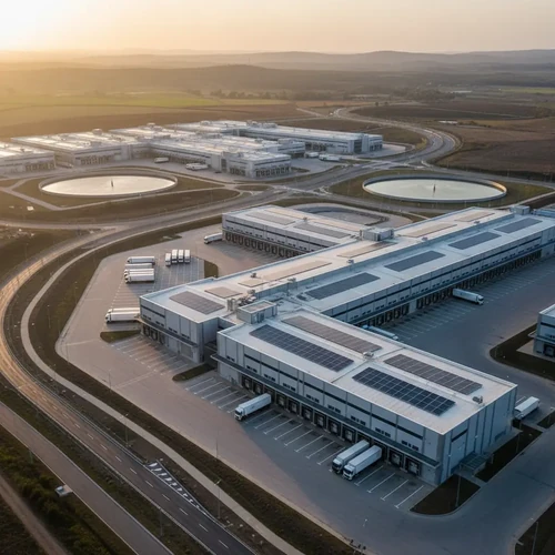 Aerial golden hour view of a modern industrial district with geometric rooftops and organized supply chain loading bays.