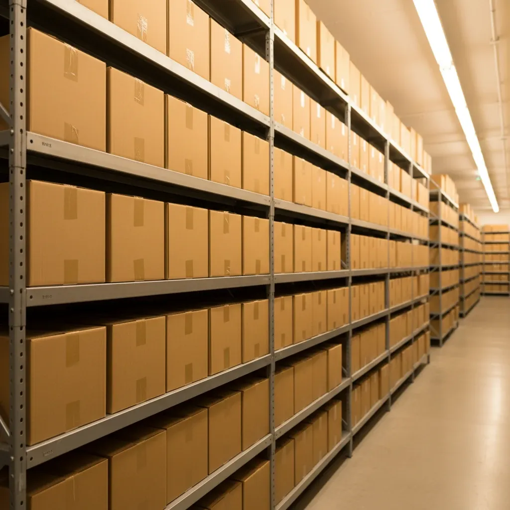 Neatly stacked cardboard boxes sit in organized rows on metal shelves inside a bright, clean self storage unit.