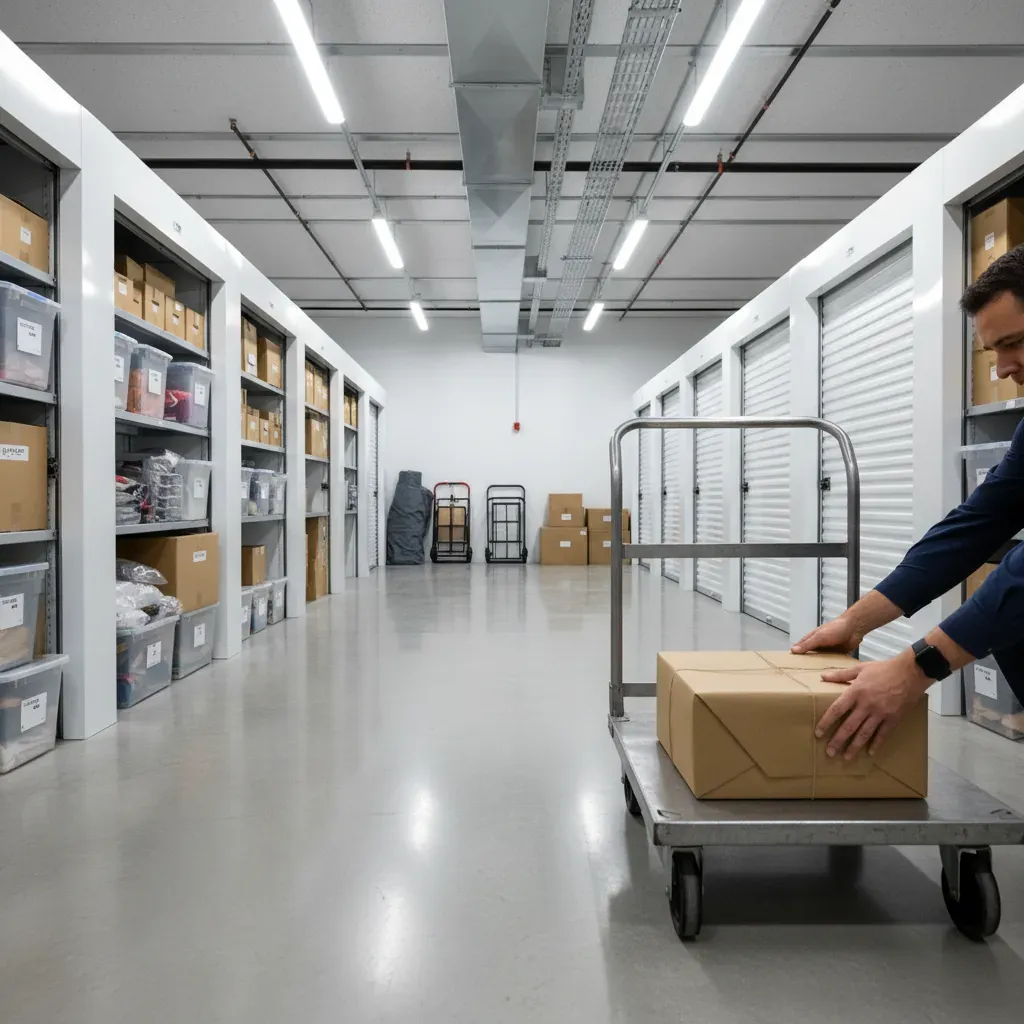 Hands place a parcel on a dolly inside a bright, organized self storage unit with high ceilings and concrete floors.