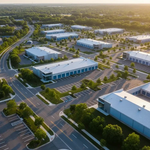 Aerial view of a modern industrial park with clean rooftops and green zones during a golden hour sunset with no people.