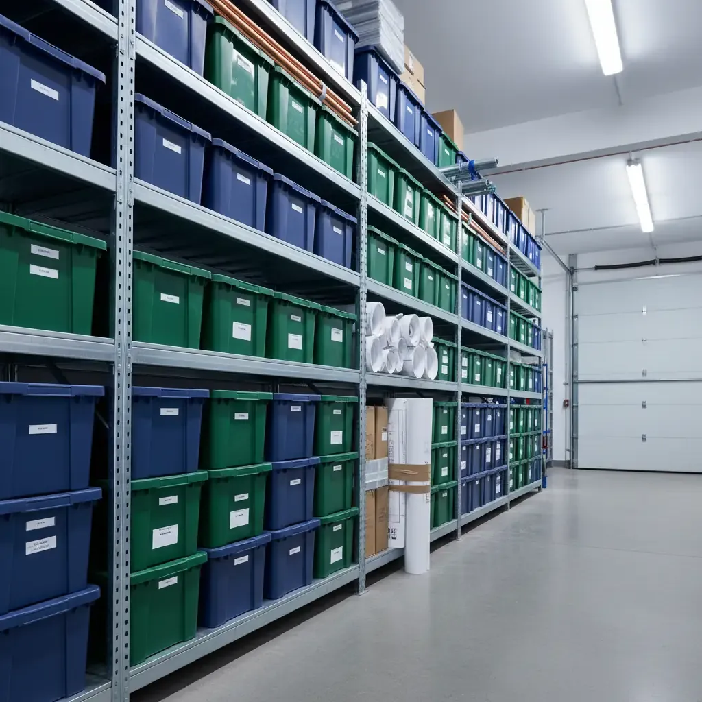Low angle view of organized metal shelves with labeled bins and rolled materials in a bright contractor storage unit.