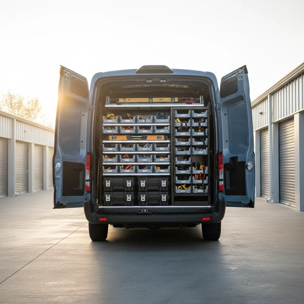 A work van with rear doors open shows organized tool cases and equipment trays parked in soft morning golden light.