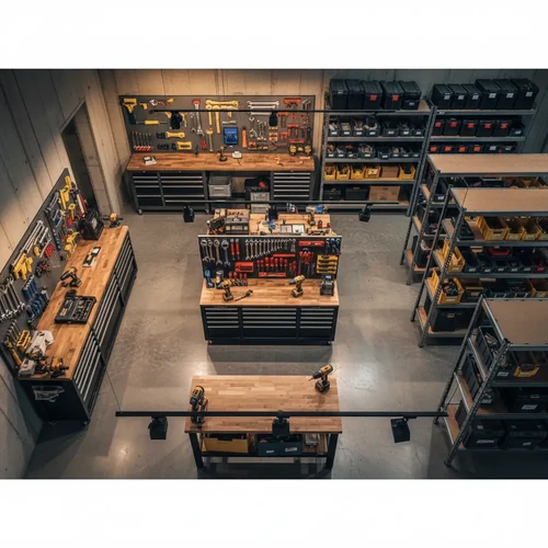 Aerial view of an organized workshop with power tools and metal shelves casting shadows under warm lighting.