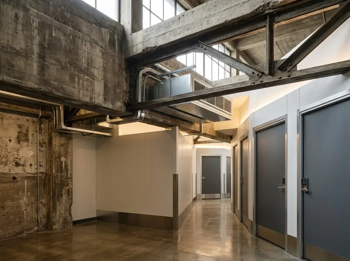 Exposed concrete beams and modern climate-control units blend industrial heritage with sleek finishes in a repurposed storag