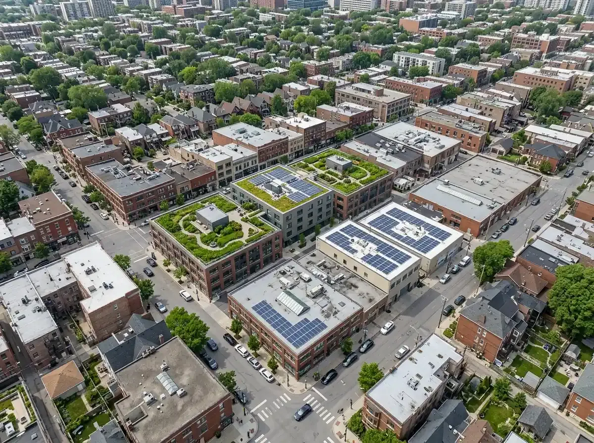 Aerial view of a dense urban neighborhood with older low-rise buildings featuring green rooftops and solar panels.