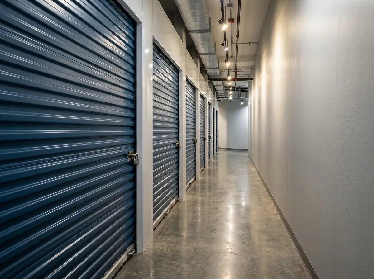 A long hallway of indoor storage units with orange roll-up doors for storing belongings during a move.