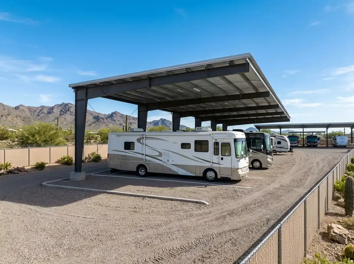 A white RV parked under a covered storage facility with gravel lot and chain-link fence beneath a bright blue sky.