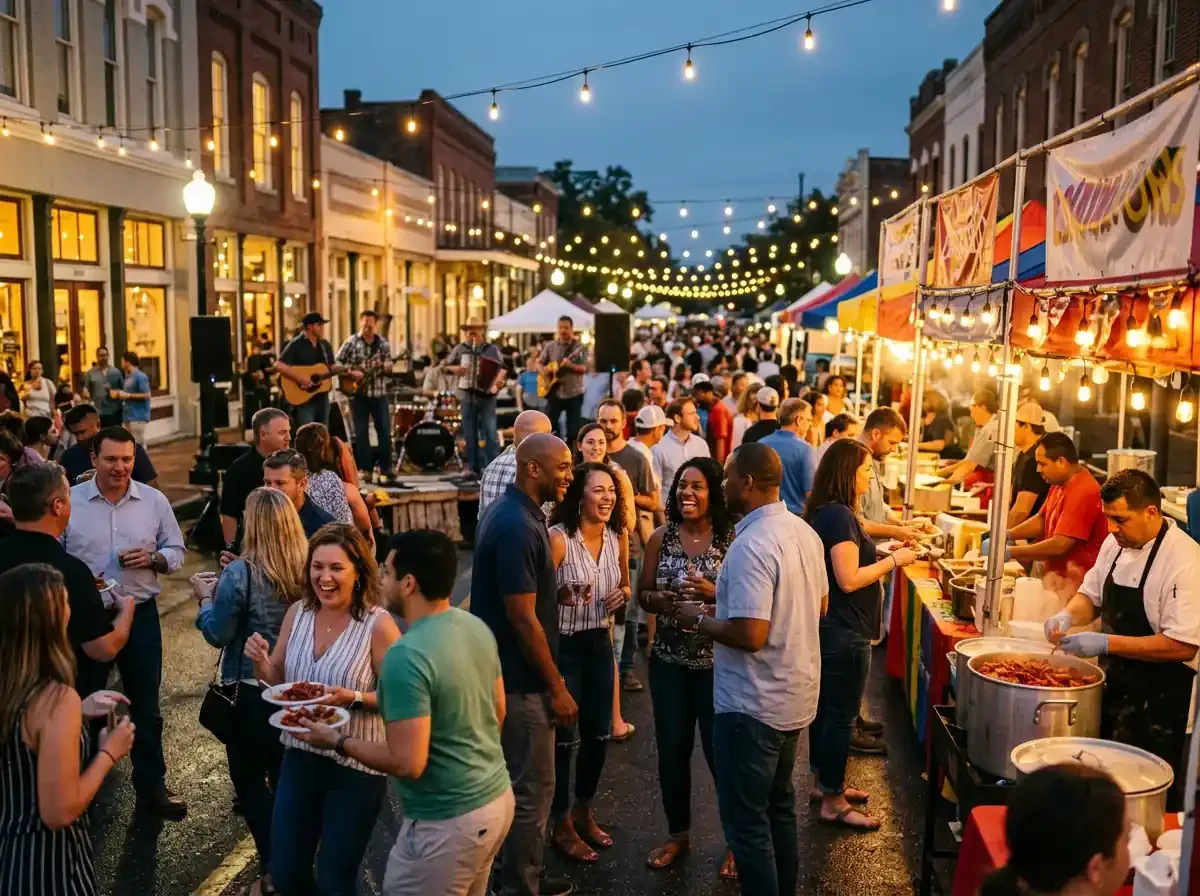 People enjoy a vibrant Cajun street festival with colorful food stalls, live music, and glowing string lights at dusk.