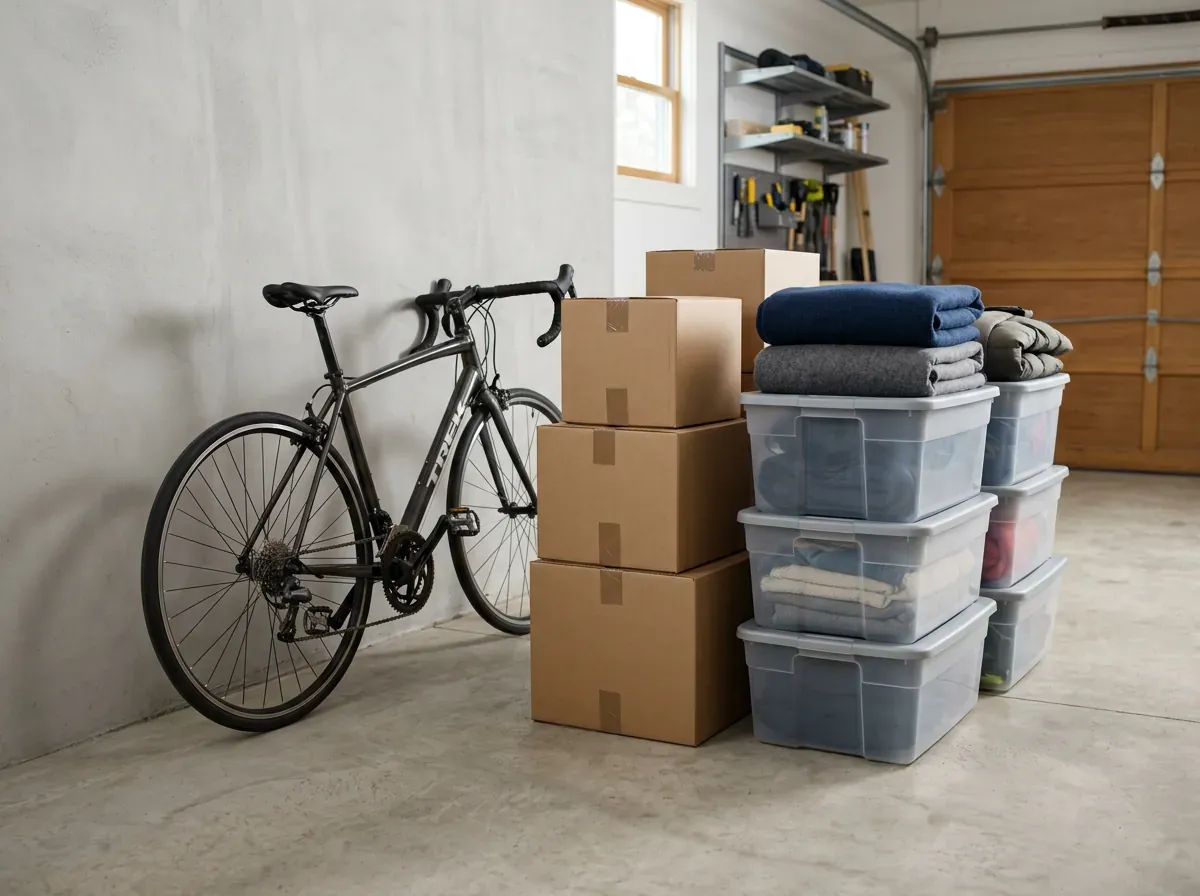 Seasonal items including a bicycle, boxes, blankets, and storage bins organized on a concrete floor for winter storage.