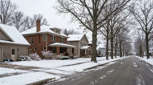 Snow-dusted Grand Rapids neighborhood with bare oak trees, classic Midwest homes, and soft gray winter skies.