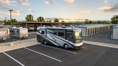 A large RV parked inside a covered storage facility unit, ready for seasonal storage.