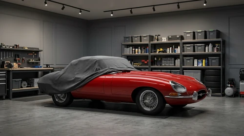 A red vintage convertible sits in a tidy garage, partially covered by a gray fitted dust cover.