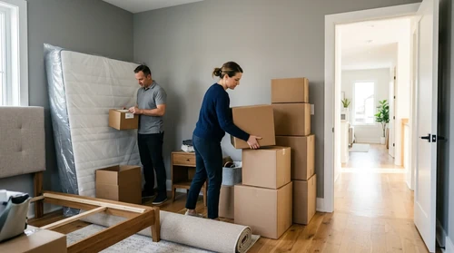 A spare bedroom being cleared out, with a mattress against the wall and boxes stacked near a sunlit doorway.