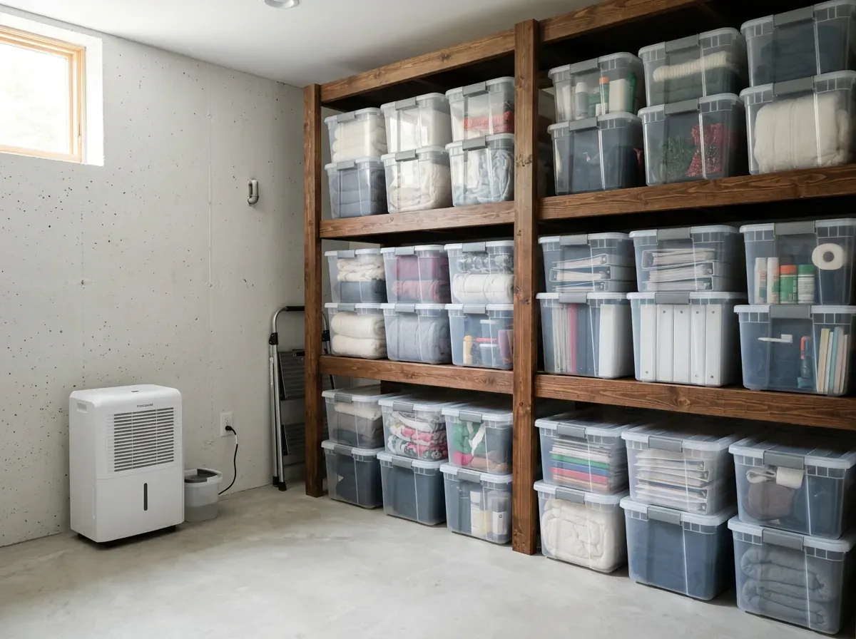 Sealed clear bins stacked on wooden shelves beside a dehumidifier in an organized basement storage area.