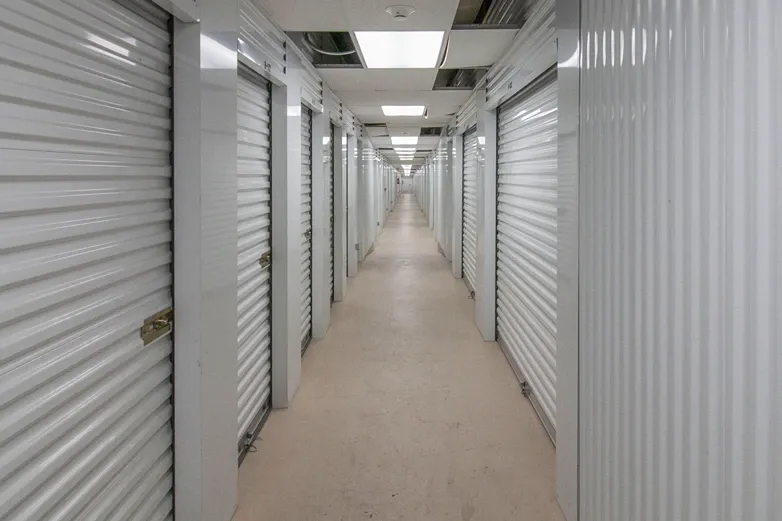 Climate-controlled storage hallway with white roll-up doors and overhead lighting