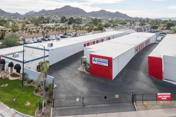 Devon Self Storage facility with gated entry and drive-up storage units