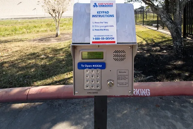 keypad to enter storage facility in Pasadena, Texas, Devon Self Storage Fairway Plaza