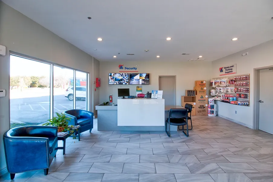 Office area, plus wall of storage supplies, self storage in Southwest Fort Worth, TX