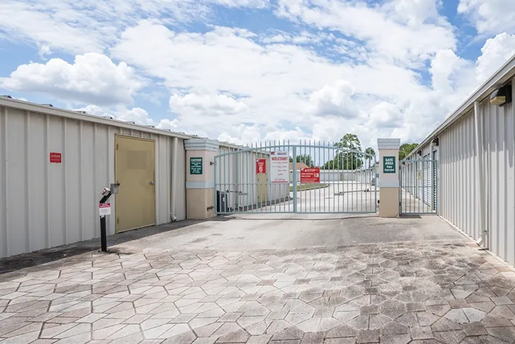 Gated self storage facility entrance with secure keypad access