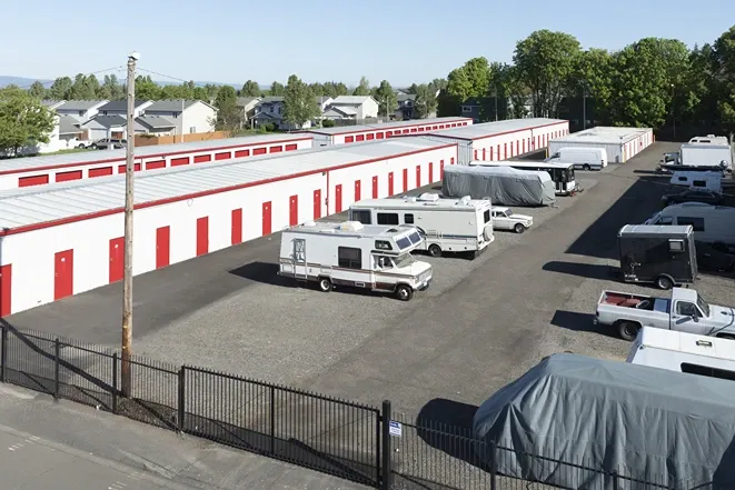 Aerial view of facility with drive up units and RV parking