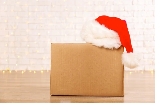 A cardboard box with a Santa hat on top sits on a wooden floor against a white brick wall, with a string of lights.