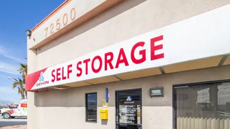 Self storage units, front entrance at Devon Self Storage Thousand Palms, CA