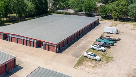 Drone view of parking storage Self Storage Units in Conroe, TX, on Gladstell Road