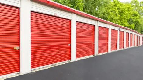 Close up of medium storage units, Devon Self Storage, red doors Storage Units in South Cordova, TN