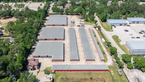 drone view Self Storage Units in Conroe, TX, on Gladstell Road