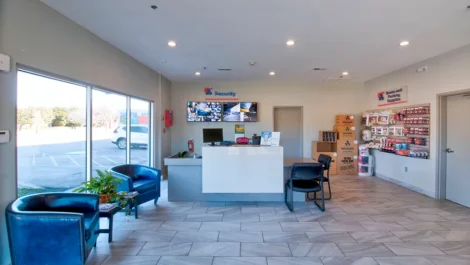 Office area, plus wall of storage supplies, self storage in Southwest Fort Worth, TX