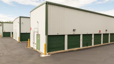Exterior view of drive up storage units Lowell, MA