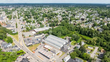 Drone view of Self Storage Units in Lowell, MA on Duren Ave