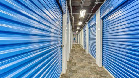 Walkway through climate-controlled storage units at Devon Self Storage in Memphis, Tennessee