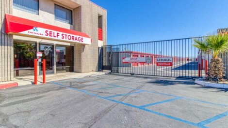 Front office and gated entry into Devon Self Storage in Palm Springs, California