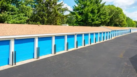 Devon Self Storage in Jenison, Michigan exterior view, blue storage doors