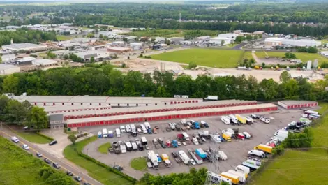 Exterior drone image of Devon Self Storage facility in North Cordova, TN